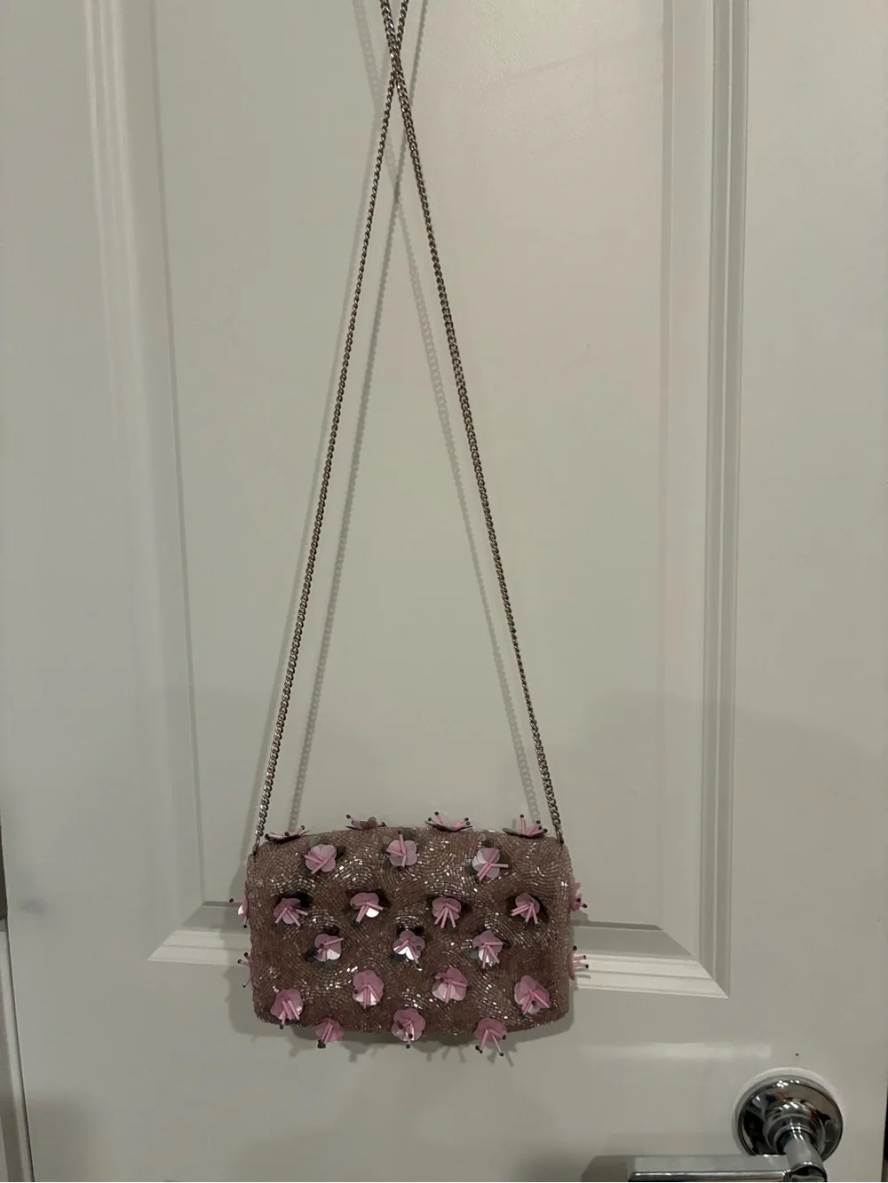 Beaded Floral Clutch Taupe/Pink Silver Chain Strap Snap Lined